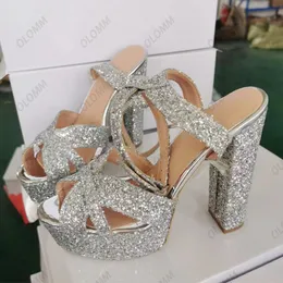 Olomm Handmade Women Platform Sandals Glitter Strappy Chunky Heels Open Toe Pretty Silver Cosplay Shoes Size 35 47 52