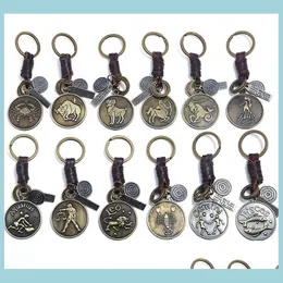 Keychains Lanyards 12 Constellation Keychain Cowe Zodiac Keychains 생일 선물을위한 열쇠 고기 청동 키 체인 생일 선물 선물 델 DH9N2