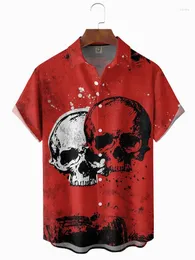 Men's Casual Shirts Y2K Men's Clothing Skull Print Breathable Pocket Hawaiian Short Sleeve Shirt Red