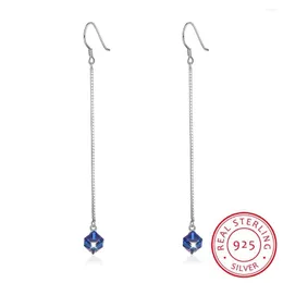 매달린 귀걸이 Lekani Crystals Long Chain Cube Beads Drop S925 Sterling Silver Piercing Women Fine Jewelry