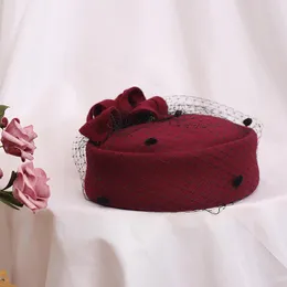 Headpieces Wedding Hats for Women Elegant Bourgogne Black Ivory Vintage Flowers Pure Wool Fedora Cap Birdcage Veil Brud Hair Accessories