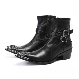 Männer Stiefel Rock Western Cowboy Spitze Metall Kappe Schwarz Echtes Leder Stiefeletten Herren 6 cm High Heels Ritter/party Botas