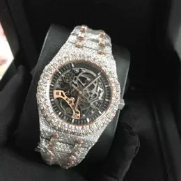 Наручные часы Новая версия Skeleton VVS1 Diamonds Watch PASS TT Rose Gold Mixed Sier Высочайшее качество Механический механизм ETA Мужчины Роскошь Iced Out Sapphire