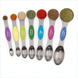 Baking Pastry Tools 7Pcs/Set Magnetic Measuring Spoons Set With Leveler Stainless Steel Doublesided For Cooking Baking Drop Delive Dhefx