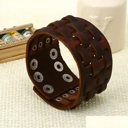 Bangle Leather Knit Square Bangle Cuff Button Adjustable Bracelet Wristand For Men Women Fashion Jewelry Gift Drop Delivery Bracelets Dhgd3