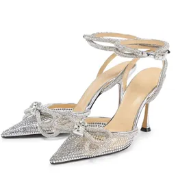 Pumps Evening Shoes Sandals Women Heeled Dress Shoe Crystal Embellished Rhinestone Pvc Spool Heels Ankle Strap Mach Glitter Bowties With Box