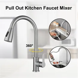 Kitchen Faucets Brushed Nickel Faucet Single Hole Pull Out Sink Mixer Tap Stream Sprayer Head Deck Mounted Cold 221109