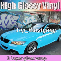 Baby Blue Gloss Vinyl Wrap With 3 layers High Glossy Vehicle Wrapping With Bubble Shiny Car Covering Size1 52x20m roll251D