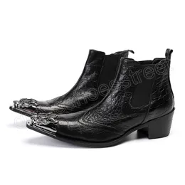 Men's Black Ankle Boots 6cm High Heels Pointed Metal Toe British Type Slip on Business Party Botas Hombre Big Sizes
