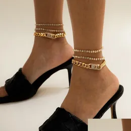 Anklety mrożone kubańską łańcuch Bransoletka Sier Gold Mtilayer Crystal Tennis Foot Bracelets for Women Summer Fashion Jewelry Will DHSL6