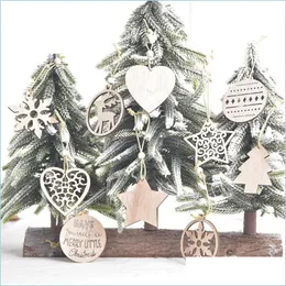 Christmas Decorations Christmas Hollow Ornaments Heart Snowflake Tree Angel Wooden Hanging Pendant Laser Carved Wood Small Drop Deli Dhimy