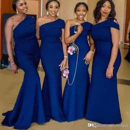 2023 Royal Blue One Shoulder Mermaid Bridesmaid Dresses Sweep Train African Country Wedding Guest Gowns Maid Of Honor Dress Plus Size