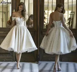 Glänzende Pailletten, glamouröse Spitze, kurzes Ballkleid, Brautkleider, sexy, schulterfrei, appliziert, Puffärmel, Teelänge, Übergröße, Partykleid für den zweiten Empfang, Aso Ebi CL1402