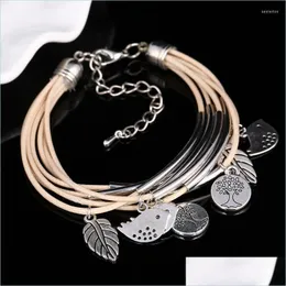 Charm Bracelets Charm Bracelets Fashion Leather Wrap Bracelet Leaf Birds Stainless Steel Mtilayer Bangles For Women/Men Kent22 Drop Dhnaj