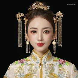 Berets xiuhe Headrress Bride 2022 Простая атмосфера Китайская золотая феникс Коронный свадебный костюм круглый лицевой орнамент