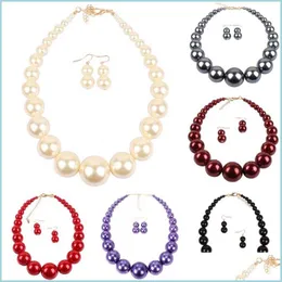 Chokers Imitation Pearl Choker Necklace And Drop Earrings Set Abs Plastic Red Black Gold Pearls Torques Simple Jewelry Female Weddin Dh2Eo
