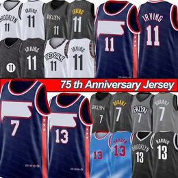 Kevin 7 Durant Basketball Jersey Irving 11 Kyrie 13 Harden Mens T-shirt Brooklynes City 75th Anniversary Net Black Blue Uniform 2022 New