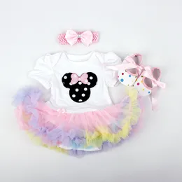 Neonati per bambini Neonate 3 pezzi Set di vestiti Pagliaccetti estivi per cartoni animati Abito tutu Tuta rosa con scarpe per capelli 6 9 12 18 24 mesi