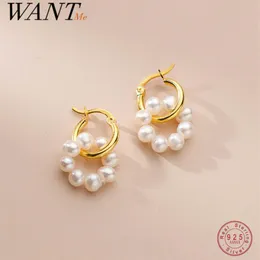 WANTME 925 Sterling Silver Natural Circle Baroque Pearl Hoop Earrings for Women Punk Fine European Gothic Rock Jacket Jewelry 220218303g