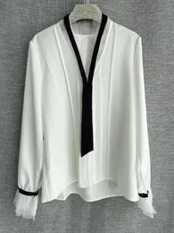 Men's Hoodies LY160 Elegant Style Hepburn Wind Pressure Pleated Lotus Collar Top Women's Spring Dress Design Color Contrast Tie Shirt
