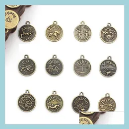 Charms Antique Brass Zodiac Signs Charms Horoscope Constellations Beads Pendants For Bracelets Necklace Making Handmade Diy Jewelry Dh15I