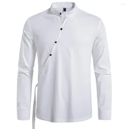Herren Freizeithemden Leinen Retro Oblique Placket Poloshirt Mans Top T-Shirts Langarm Khaki Schwarz Weiß Sommer T für Männer Europäische Kleidung
