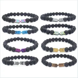 Braccialetti con perline di pietra lavica con perline Bracciali con freccia Bracciale elastico con diffusore di olio essenziale nero naturale Roccia vulcanica Moda uomo Je Dh1K9