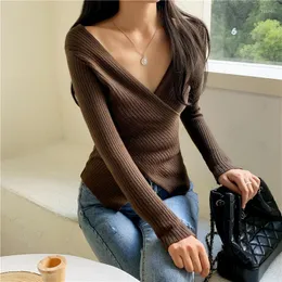 Kvinnors tröjor Autumn Winter Women Rib-stickade Stretchable V Neck Crisscross Wrap Sweater Pull Slim Sexy Stickovers Y2K Jumper Tops