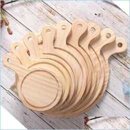 Rolling Pins Pastry Boards Wooden Round Pizza Board With Hand 6Inch14Inch Baking Cutting Tray Cafe Store Dessert Accessory Drop De Dh0Q3
