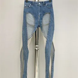 Women's Jeans DEAT Run Way Fashion Women Denim See Throw Sexy Full Length Half Big Hole Female Pants Slim WY14000L 221110