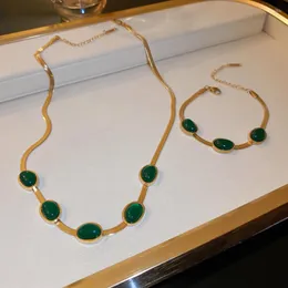 Necklace Earrings Set 316L Stainless Steel Vintage Emerald Blade Chain Women's SAN639