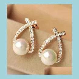 Charm Selling Rhinestone Pearl Earrings Charm Cross Semiprecious Stones Earings For Women Gift Gold Sier Color Korean Drop Delivery J Dhizc