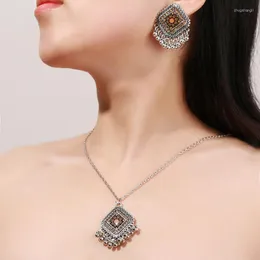 Necklace Earrings Set Jwellery Sets For Women Ethnic Silver Color Rhombus Flower Carved Bells Necklace&Earring African Jewelry