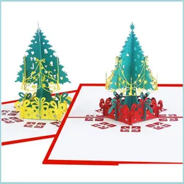 Biglietti d'auguri Albero di Natale Biglietti d'auguri pop-up 3D Alberi rossi oro Buon Natale Fatto a mano Vacanza Consegna a domicilio Giardino domestico Festivo Dhbqs