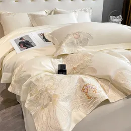 Modernt konsthemtextil sängkläder set lyx egyptisk bomullsblommor broderad fast färg täcke täcker platt lakor linnor kudde paster drottning kung storlek sängkläder