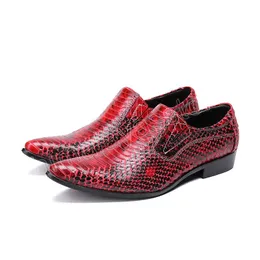 Äkta läderklänningskor Mens Cowhide Pointed Metal Toe Wine Red Wedding and Party Shoes For Men Big Sizes