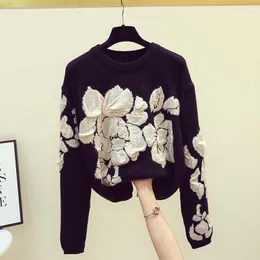 Women's Sweaters Spring Embroidery Floral O-neck Sweater Women Modis Vintage Long Sleeve Knitted Pullover Loose Black Tops