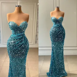 Sparkle Lake Blue Mermaid Prom Dresses Sweetheart Sequined Party Dresses Floor Length Custom Made Evening Dress