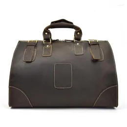 Duffel Bags Cowhide Men's Hand Bagage Bag Retro Shoulder Travel Crazy Horse Leather Men Handväska äkta manlig duffel