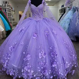 Glitter Light Purple Quinceanera Dresses Spaghetti Straps With Wrap Sweet 15 Gowns 3D Flower Appliques Beaded Prom Party Vestidos Floor Length 2023