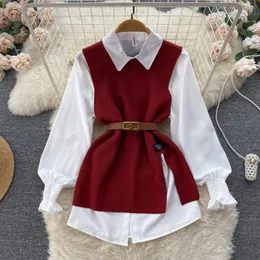 Blouses pour femmes Clothland femmes Vintage deux pièces ensemble à manches longues chemise blanche tricoté gilet ceinture tenue de bureau costumes LA624