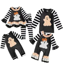Kl￤derupps￤ttningar Girlymax Sibling Fall Halloween Baby Girls Boys Pumpkin Ghost Pants Set Ruffles Romper Top Dress Smocked Kids Boutique 221110