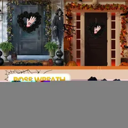 Decorative Flowers 2023 Halloween Decoration Wreath Front Door Decor Black Artificial Rose Garland With Fake Bloody Hand Horror For Home