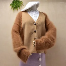 Malha feminina feminina mulher mulher estilo curto decote em v alcance quente etono inverno de inverno cashmere cardigãs angora pêlo maconha casaco suéter