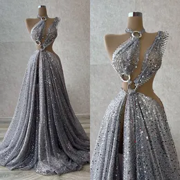 Glitter Silvery Prom Sukienki cekiny kantarki z boczna dzielona impreza sukienki haute couture niestandardowe sukienki wieczorowe