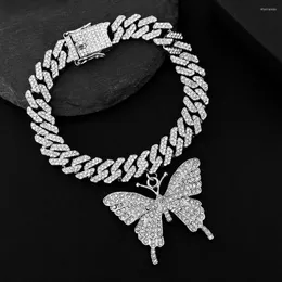 Неклеты Flatfoosie Iced Out Big Butterfly Cuban Link Chain для женщин хип -хоп Bling Athestone Bracelet Bracelet Foot Dewelry