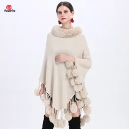 Shawls Fashion Faux Fur Balls Tassels Poncho Women Soft Knit Wool Pullover Cloak Collar Shawl Coat Young Fall Winter 221110