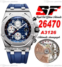 SF 2647 A3126 Automatik-Chronograph-Herrenuhr, 42 mm, Stahlgehäuse, blaues strukturiertes Zifferblatt, silbernes Subidial-Kautschukarmband, Uhren Super Edition Puretime F6