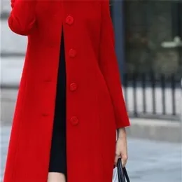 Women's Wool Blends 1pcs/lot luxury style Coat Autumn Winter Mid-Length Single-Breasted Slim Blended en Overcoat Red Blue Black 221110