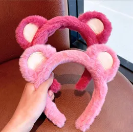 Korean Pluszowy Strawberry Bear Włosy Nowe zimowe kobiety twarz myjka głowa kreskówka Faux Fur Hairband dziewczęta